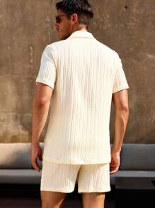 Manfinity Swimmode Men's Solid Color Short Sleeve Single-Breasted Shirt & Shorts Beach Suit Set Summer Two Pieces Set For Men Men S Shirt Set