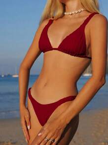 Swim Mod Bộ đồ bơi hai mảnh Springbreak Plain Textured có miếng đệm có thể tháo rời và thiết kế xếp ly - Đỏ - Xem 1