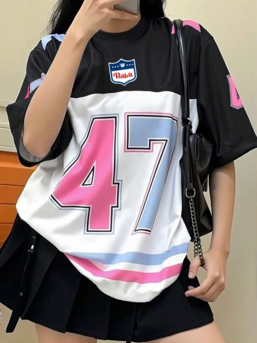 INAWLY Solva Street Cool Valiant Wind Collision Color Splicing Stars Digital Oversize American Sports Plus Size Women's T-Shirt