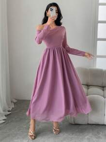 DAZY Elegant Summer Solid Color Asymmetrical Shoulder Mid-Length Dress For Women