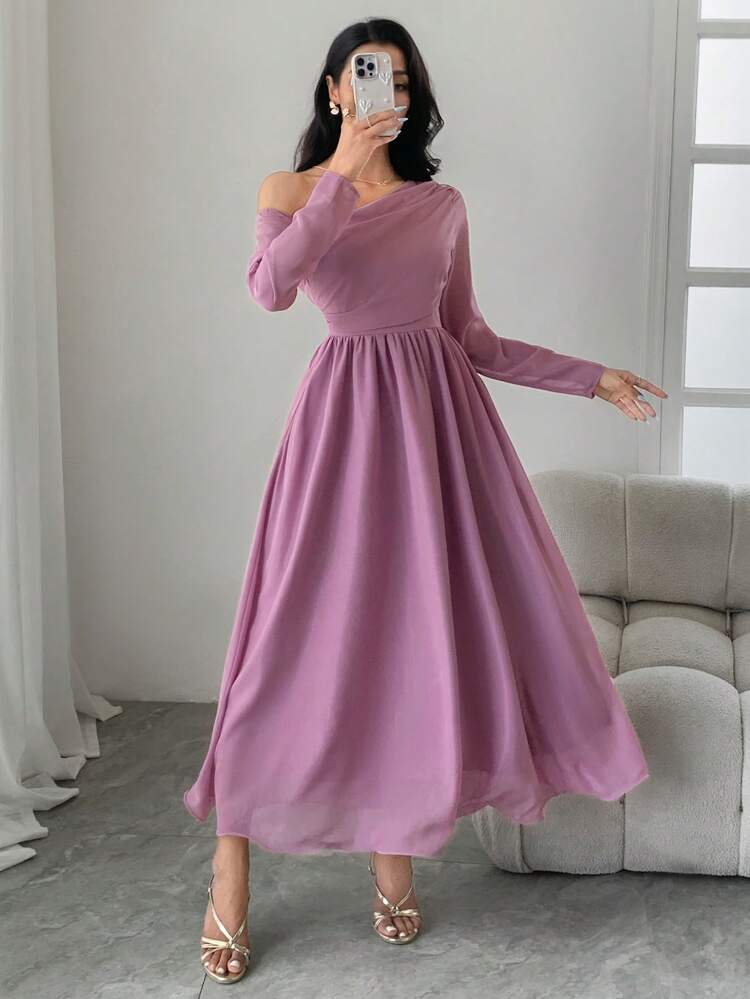 Elegant Summer Solid Color Asymmetrical Shoulder Mid-Length Dress For Women