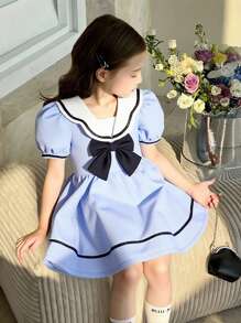 SHEIN Elladie kids Vestido de Princesa com Gola Marinha e Mangas Bufantes para Meninas Jovens, Detalhe Fofo de Laço, Cor Azul Claro, Vestido Casual Escolar/Formal para Uso Diário e Passeio - Azul - Visão 1