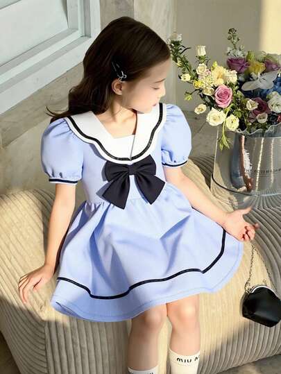 SHEIN Elladie kids 少女海军领泡泡袖公主裙，可爱蝴蝶结细节，浅蓝色，休闲校服/正式连衣裙，适合日常穿着和通勤