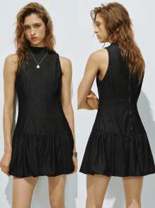 Lumivelle Women's Ruffled Collar Sleeveless Denim Mini Dress - Black - View 1