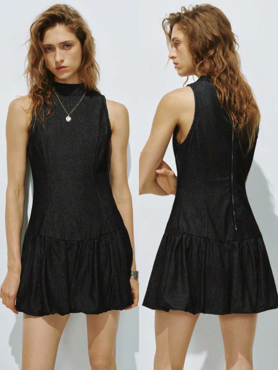 Lumivelle Women's Ruffled Collar Sleeveless Denim Mini Dress - Black - View 1