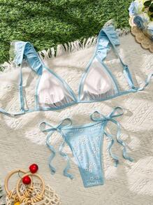 Swim Mod 2pcs Women Summer Beach Vacation Sweet & Cute Random Printed Mesh Swimwear Set - Blue - View 2