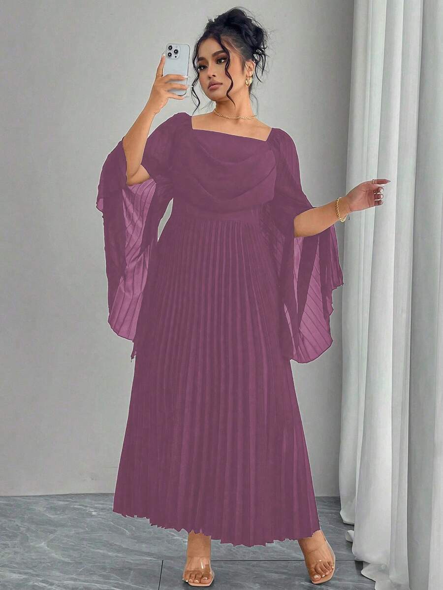 Modelyn 女式方领长袖褶皱腰喇叭下摆优雅办公室服装加大码连衣裙 - 粉色 - 查看 1