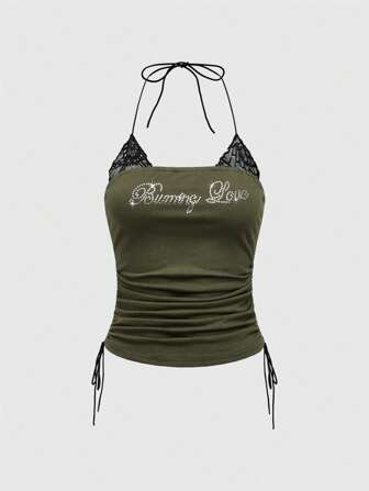 Grunge Punk Vintage sexy militärgrünes Spitzen-Patchwork-Shirt mit Strass-Grafik und Raffung für Frauen, Sommer