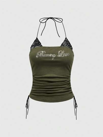Grunge Punk Top halter con pliegues, parches de encaje, pedrería y estampado vintage en color verde militar para mujer, ideal para el verano