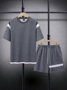 Manfinity Homme 2件大码男士撞色拼接T恤和短裤套装 - 灰色 - 查看 2