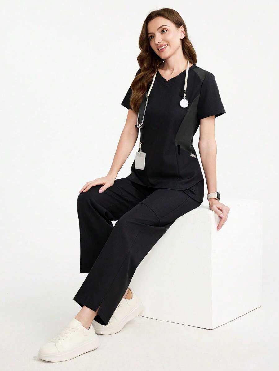 TaskEZ Women Scrub Uniform Top With Pockets & Long Pants Set, Workout Clothes Women Scrub Sets For Women Scrubs Scrub Set Nurse Scrub Sets Women - Black - View 1