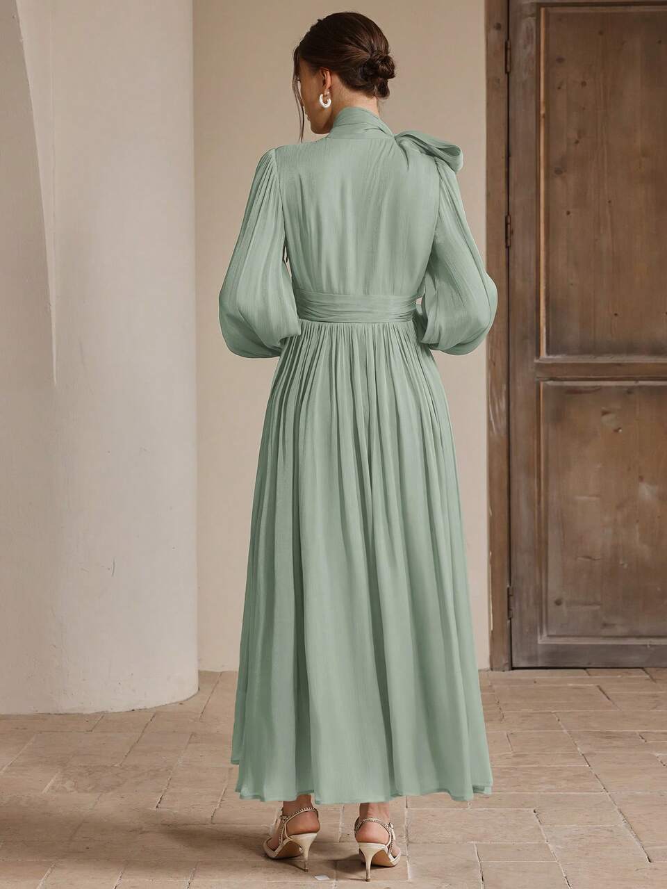 Women's Long Dress With Waist Ruffle, Shiny & Elegant Versatile Style, Spring/Autumn
