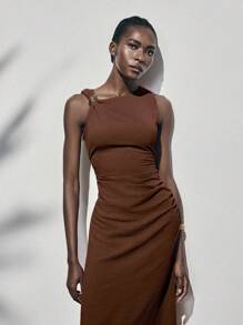 Lumivelle Summer Metal Ring Decor Waist Ruched Sleeveless Dress - Coffee Brown - View 6