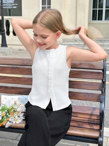 青少年女孩罗纹不对称纽扣开合针织无袖毛衣 - 白色 - 查看 5