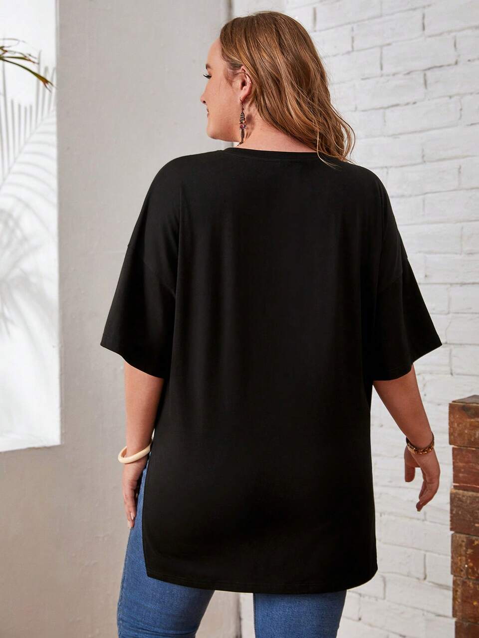 Plus Drop Shoulder Leopard Patch Pocket Split Hem Tee,Summer/Spring
