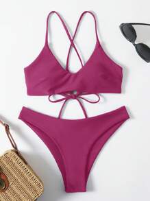 SHEIN Swim Women's Beach Holiday Swimwear Set, Wireless Bikini For Summer Beach Vacation - Burgundy - View 1