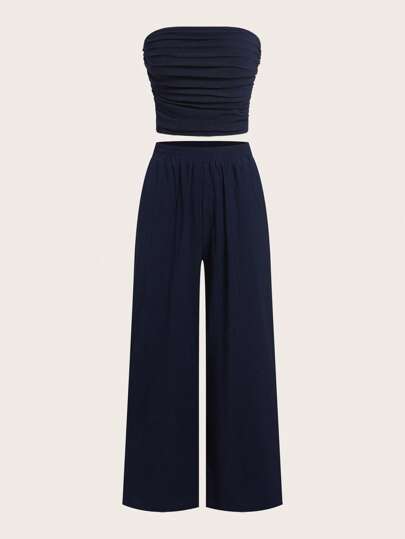 SHEIN EZwear 2 قطعة مجموعة كاجوال لون أزرق داكن للنساء