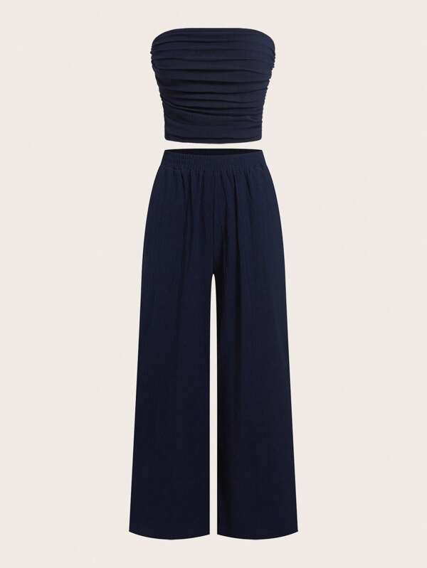 SHEIN EZwear 2件套女士休闲海军蓝套装