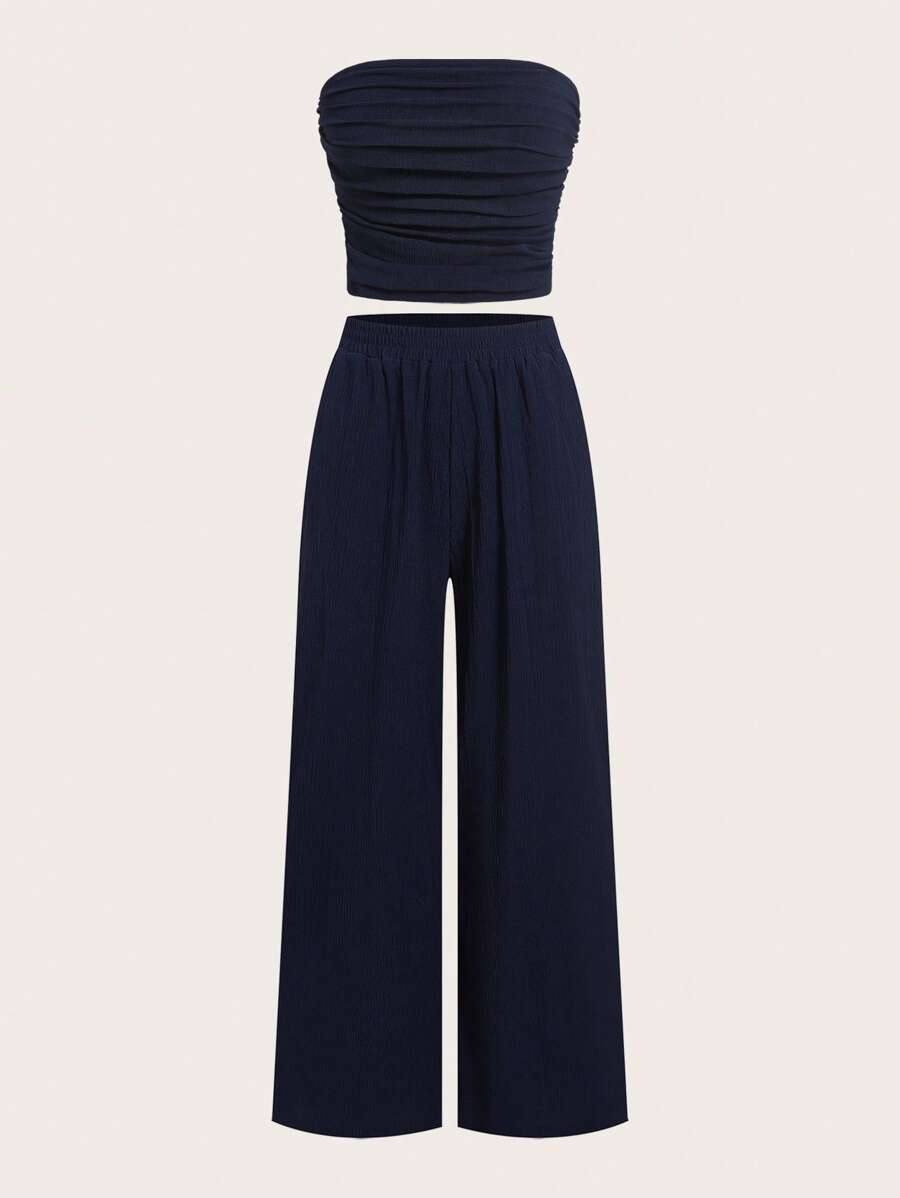 SHEIN EZwear Bộ 2 món đồ thường ngày màu xanh navy dành cho nữ - Màu xanh hải quân - Xem 1