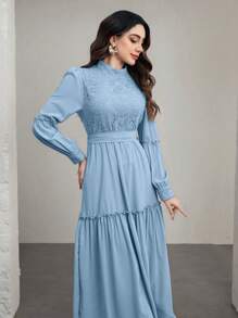 Graceveil 女式纯色立领长袖蕾丝腰收腰长裙，夏季 - 淺藍色 - 查看 4