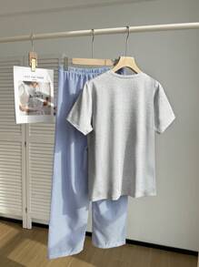 Summer New Casual Short Sleeve T-Shirt And Pants 2pcs Set For Teenagers - Grey - View 2
