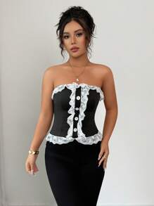 Selianne Elegant Lace Trim Bandeau Top For Women - Black - View 3