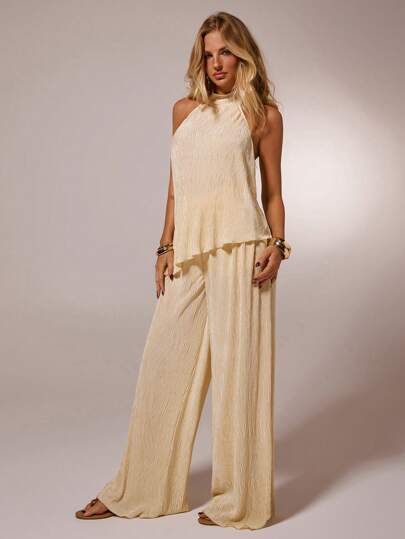 SHEIN Forever 21 Conjunto de 2 piezas de top sin mangas y pantalones con textura de albaricoque para mujer, ideal para eventos de verano como bailes de graduación, fiestas, salidas, bodas, cenas, cruceros, viajes, etc.