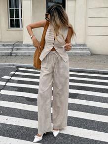 SHEIN Frenchy New Summer Cotton Striped Suits For Women, Apricot Casual Formal Suits, Casual Suits For Mujer, Daily Commuting Suits, Elegant Suits For Dama, Comfortable Cotton Clothing