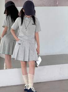 Dazy Kids 2 件套 Tween Girls Polo T 恤和百褶裙套装，夏季 - 灰色 - 查看 4