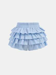 SHEIN Tween Girls' Casual Solid Color Ruffle Detail Skirt Shorts - Baby Blue - View 2