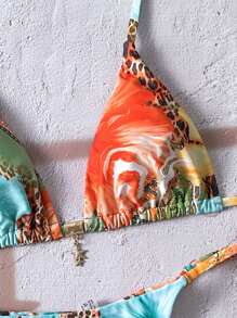 Swim Vcay Women Springbreak Beachwear Summer Outfits, Random Animal Print, Floral, Metallic Star Decor Spaghetti Strap Sexy Bikini Set