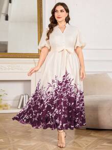 Modelyn 大码女式优雅印花收腰喇叭裙 - 酒紅色 - 查看 3