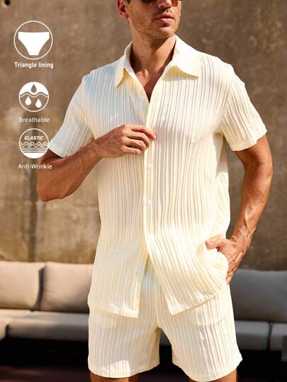 Manfinity Swimmode 男士纯色短袖单排扣衬衫短裤沙滩套装夏季两件套男士衬衫套装