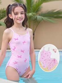 SHEIN Girls One-Piece Swimsuit With Butterfly Pattern And Fringe Hem, Black With Bow Accent - Red and White - View 1