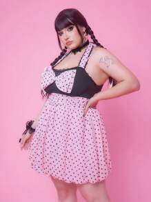 ROMWE Kawaii J-Fashion Shibuya Girl Y2K 波点印花蝴蝶结装饰吊带大码连衣裙 - 黑色 - 查看 5
