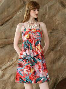 Chiquease Vestido corto casual de mujer con estampado de plantas tropicales, atuendos de verano y vacaciones, atuendos de playa para mujer, atuendos de Hawái para mujer, vestidos de playa, vestido floral para mujer, estampado de océano, vestidos de verano para mujer, ropa bohemia para mujer, atuendos de vacaciones en la playa - Rojo - Ver 1
