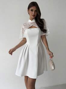 Firerie 女士简约优雅度假海滩度假撞色蕾丝 A 字短袖连衣裙，时尚百搭白色夏装 - 白色 - 查看 3