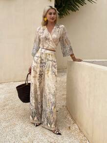 两件套女士印花V领系带长袖上衣和阔腿裤复活节 - 杏色 - 查看 6