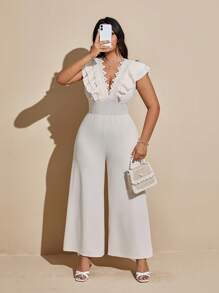 Viva Relle Plus Size Elegant Casual Ruffle Lace Trim Cap Sleeve Jumpsuit - Apricot - View 6