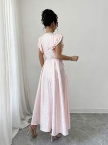 Elenzga Vestido de vacaciones de talla estándar para mujer, de cintura ajustada, con mangas acampanadas y volantes, de unicolor, elegante y de longitud media - Rosa - Ver 2