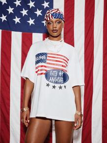 SUMWON WOMEN Los Angeles City Flag Inspired Oversized Graphic Tshirt American Theme USA 4th Of July Patriotic Summer Relaxed Fit Street Style Casual Wear - White - View 1