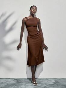 Lumivelle Summer Metal Ring Decor Waist Ruched Sleeveless Dress - Coffee Brown - View 5