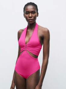 Maija Women's Black Laser Cut Waist Design Cruise Travel Bodysuit, Hollow-Out V-Neck Pleated Backless Sexy Summer Beach Dress,One Piece Swimsuit