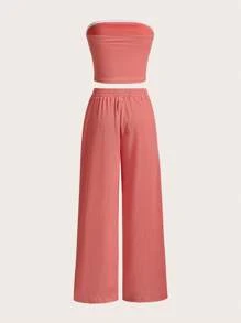 SHEIN EZwear 2件套女士夏季休闲珊瑚橙色褶饰抹胸上衣和裤子 - 珊瑚橙 - 查看 2