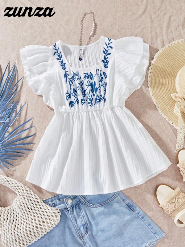 Wildeya Teen Girl Square Neck Layered Ruffle Sleeve Print Waist Ruffle Hem Blouse,Holiday,Summer,Travel