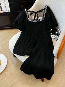 SHEIN Clasi Conjunto de 2 piezas con cuello cuadrado y decoración de perlas, elegante y para talla grande, apropiado para salidas diarias, vacaciones, citas y cenas - Negro - Ver 8