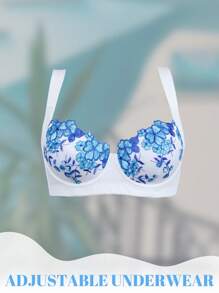 SHEIN 1 pieza Sujetador con aros para mujer, casual y cómodo con tirantes anchos, bordado, soporte y ajustable - Azul y blanco - Ver 3
