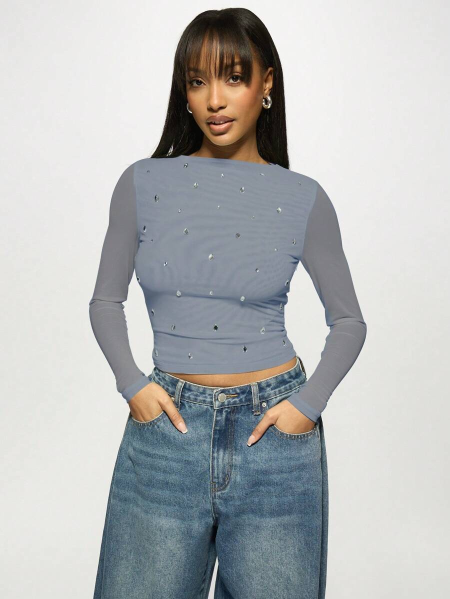 MISSGUIDED 长袖网眼水晶装饰短款上衣秋冬华丽水钻派对俱乐部装晚装分层单品