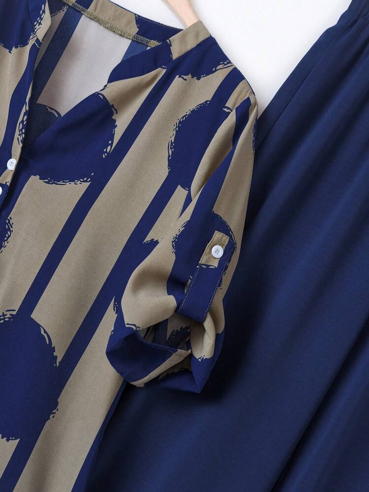 Rusticease Top de Manga Curta com Decote Estepe e Calça Longa com Cintura Elástica para Uso Casual Diário - Azul Marinho - Visão 6
