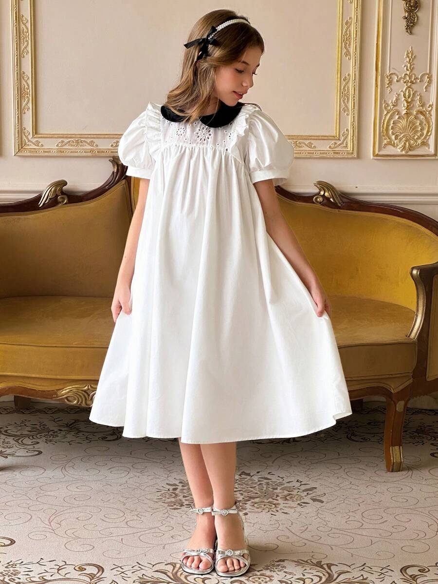 DAZY 女童优雅棉质刺绣泡泡袖拼布连衣裙,夏季,返校服 - 白色 - 查看 1
